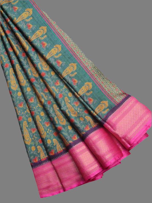 Green and Pink Semi Kanchipuram Silk Saree with Allover Digital Prints & Zari Border | Elegant Soft Silk Saree for Weddings & Special Occasions