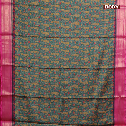 Green and Pink Semi Kanchipuram Silk Saree with Allover Digital Prints & Zari Border | Elegant Soft Silk Saree for Weddings & Special Occasions