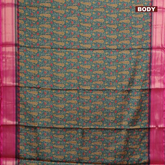 Green and Pink Semi Kanchipuram Silk Saree with Allover Digital Prints & Zari Border | Elegant Soft Silk Saree for Weddings & Special Occasions