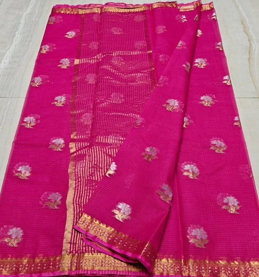Rani Pink Pure Kota Cotton Saree with Stitched Blouse| Lightweight & Elegant | Ships from USA