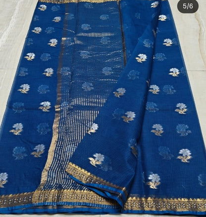 Pure Kota Cotton Saree with Stitched Blouse Blue | Lightweight & Elegant | Ships from USA