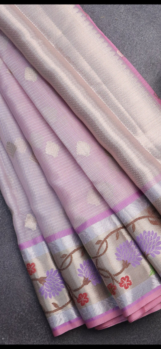 Mild lavender and baby pink cotton zari Kota saree with allover zari-woven buttas and a Paithani-style zari border. Shop elegant soft silk sarees for every occasion!