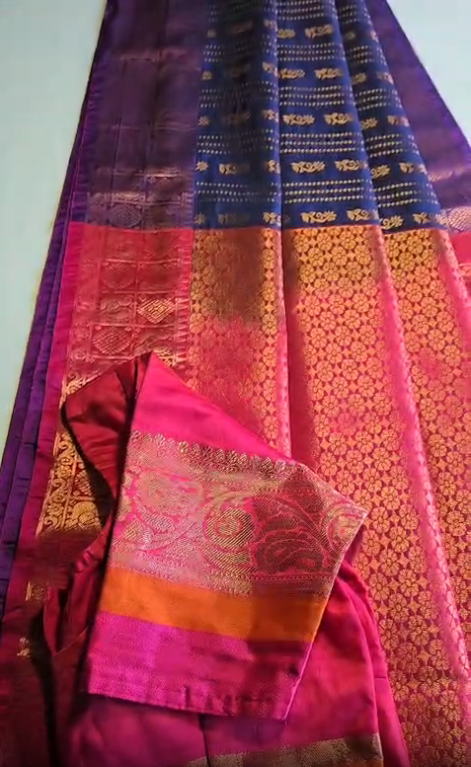 Semi Kanjeevaram Soft Silk Saree with Stitched Blouse from USA | Buttis Work & Contrast Pallu Online