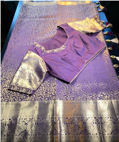 Kanchipuram Premium Silk Saree with Maggam Work Blouse Purple Shade