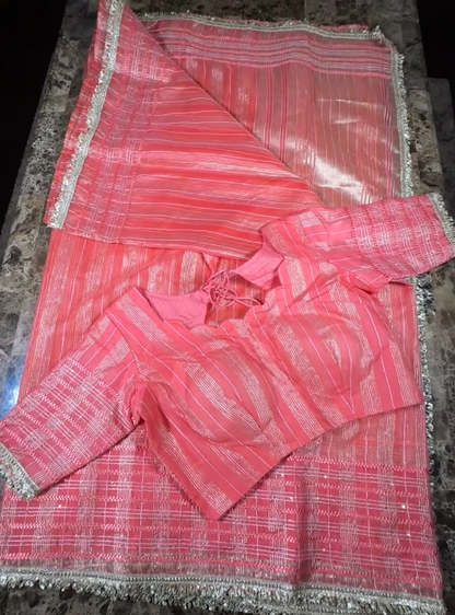 Fancy Saree with Stitched Blouse Peach