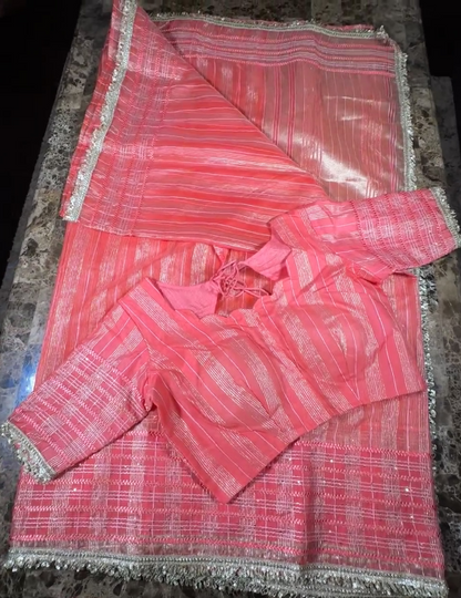 Fancy Saree with Stitched Blouse Peach