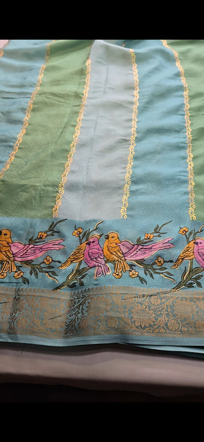 Semi Crape Silk Bird Print Saree with Stitched Blouse