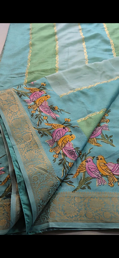 Semi Crape Silk Bird Print Saree with Stitched Blouse