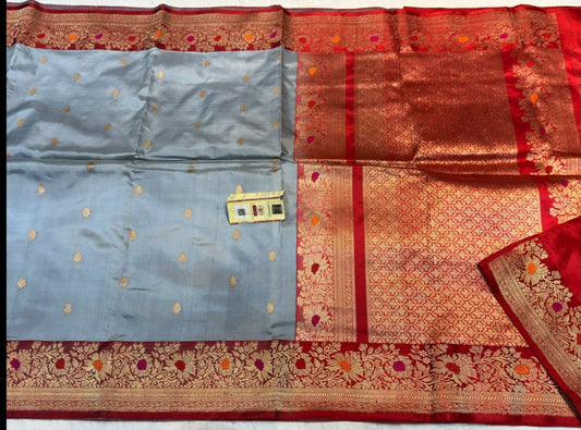 Banarasi Pure Katan Silk Saree with Resham Allover Weave, Kadua Mina Buti, Zari Border &amp; Contrast  Blouse Red and Grey