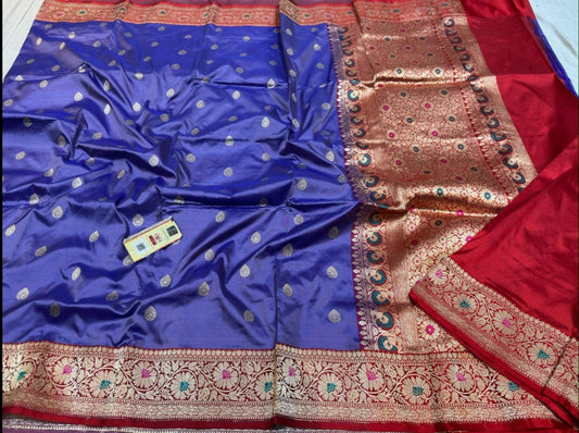 Blue-Red Pure Banarasi Katan Silk Saree with Allover Resham Work, Kadua Mina Buti & Zari Detailing