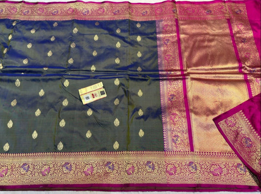 Banarasi Pure Katan Silk Saree with Resham Allover Weave, Kadua Mina Buti, Zari Border &amp; Contrast Buti Blouse Green Magentaa