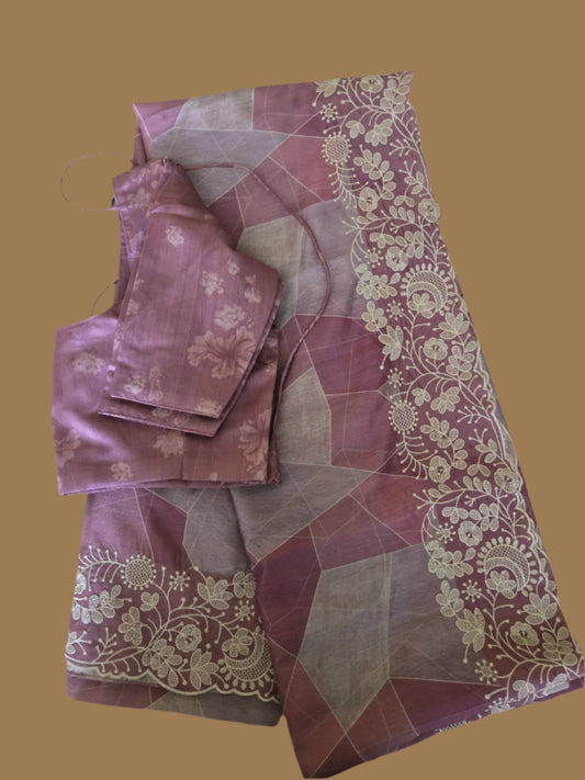 Pastel Peach Semi Tussar Silk Saree with Stitched Blouse Chikankari Embroidered Border – Elegant Ethnic Indian Saree