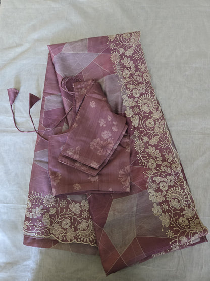 Pastel Peach Semi Tussar Silk Saree with Stitched Blouse Chikankari Embroidered Border – Elegant Ethnic Indian Saree