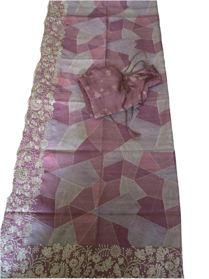 Pastel Peach Semi Tussar Silk Saree with Stitched Blouse Chikankari Embroidered Border – Elegant Ethnic Indian Saree