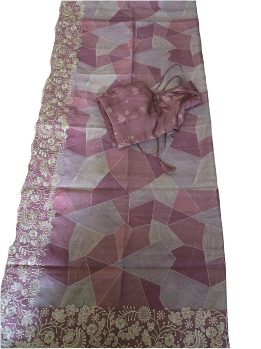 Pastel Peach Semi Tussar Silk Saree with Stitched Blouse Chikankari Embroidered Border – Elegant Ethnic Indian Saree