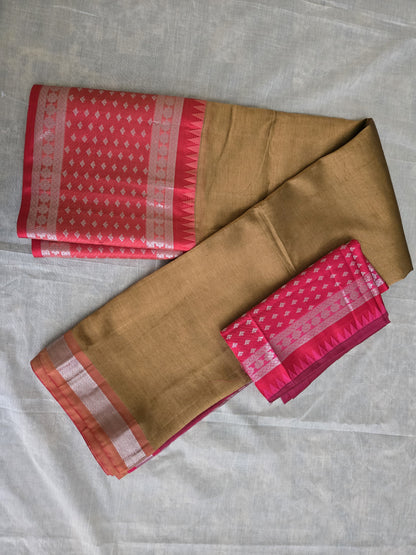 Brown and Dark Pink Semi Mangalgiri Silk Saree with Long Silver Zari Temple Border | Elegant Soft Silk Saree – Fast Shipping from the USA