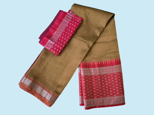 Brown and Dark Pink Semi Mangalgiri Silk Saree with Long Silver Zari Temple Border | Elegant Soft Silk Saree – Fast Shipping from the USA