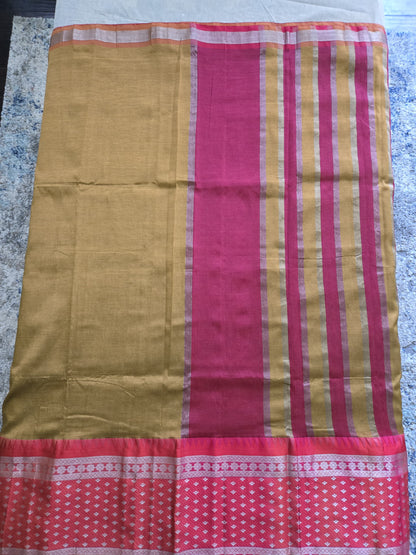 Brown and Dark Pink Semi Mangalgiri Silk Saree with Long Silver Zari Temple Border | Elegant Soft Silk Saree – Fast Shipping from the USA