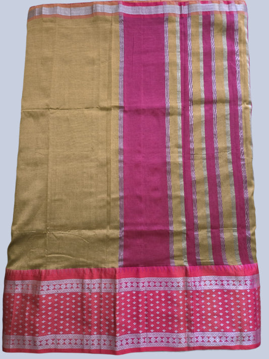 Brown and Dark Pink Semi Mangalgiri Silk Saree with Long Silver Zari Temple Border | Elegant Soft Silk Saree – Fast Shipping from the USA