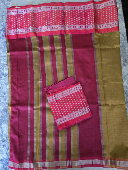 Brown and Dark Pink Semi Mangalgiri Silk Saree with Long Silver Zari Temple Border | Elegant Soft Silk Saree – Fast Shipping from the USA
