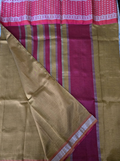 Brown and Dark Pink Semi Mangalgiri Silk Saree with Long Silver Zari Temple Border | Elegant Soft Silk Saree – Fast Shipping from the USA