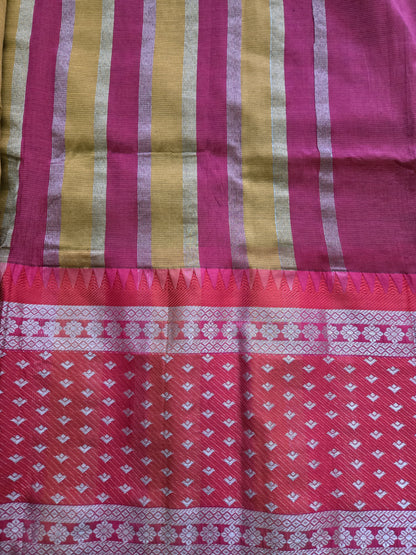 Brown and Dark Pink Semi Mangalgiri Silk Saree with Long Silver Zari Temple Border | Elegant Soft Silk Saree – Fast Shipping from the USA