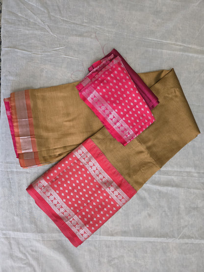 Brown and Dark Pink Semi Mangalgiri Silk Saree with Long Silver Zari Temple Border | Elegant Soft Silk Saree – Fast Shipping from the USA