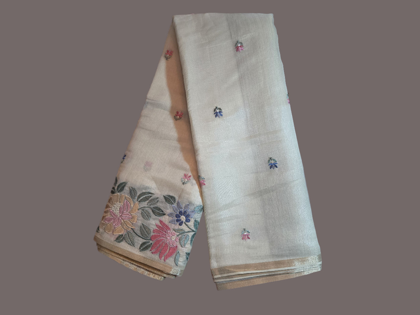 Ivory Chappa Silk Saree with Multicolor Floral Embroidery – Lightweight Festive Wear| Onam Saree USA