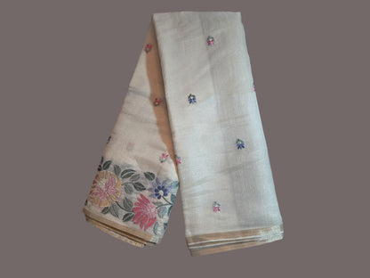 Ivory Chappa Silk Saree with Multicolor Floral Embroidery – Lightweight Festive Wear| Onam Saree USA
