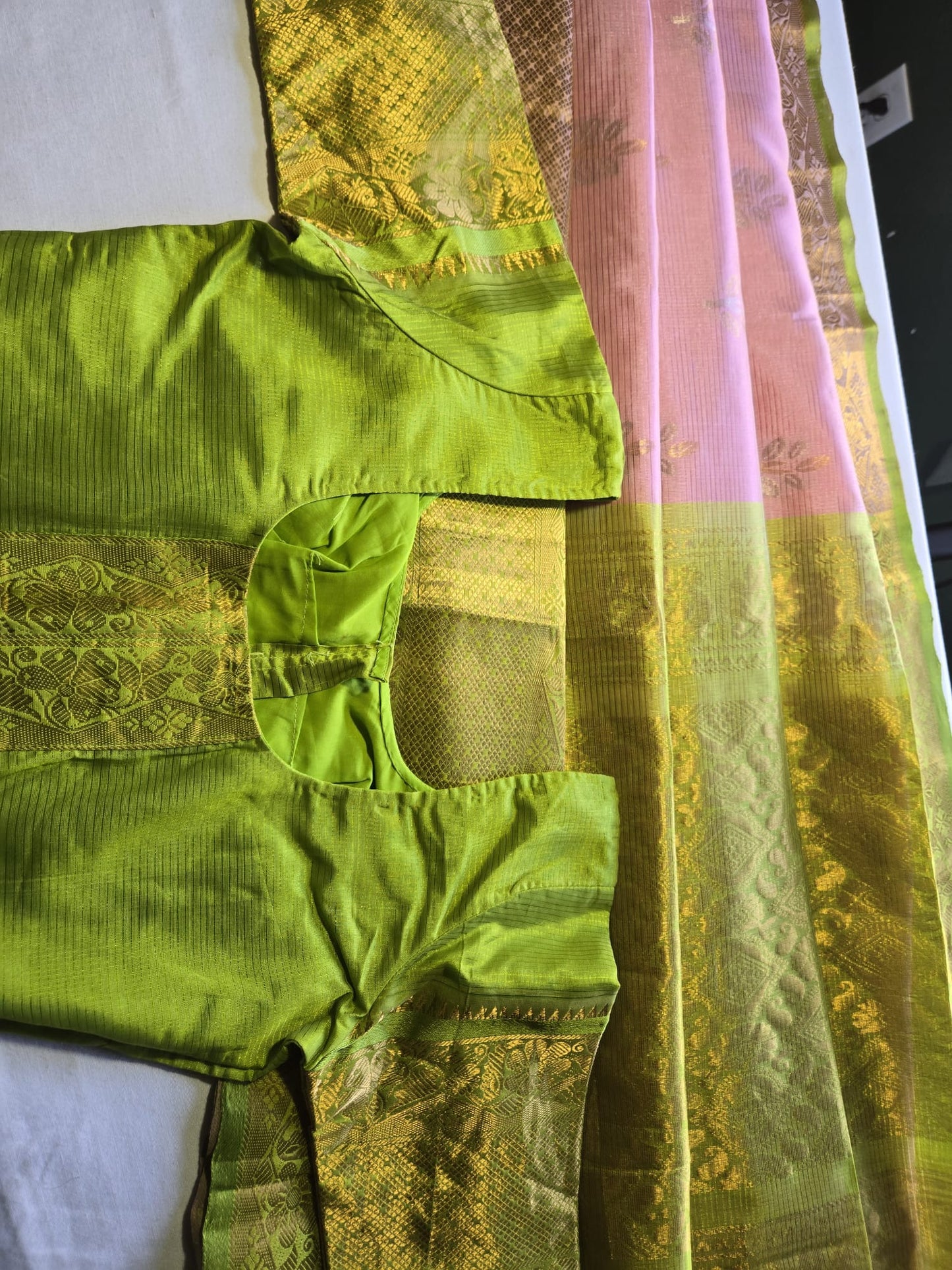 Pure Silk Handloom Saree with Stitched Blouse in Baby Pink with Green Contrast Border – Festive Wear Party Wear Saree USA