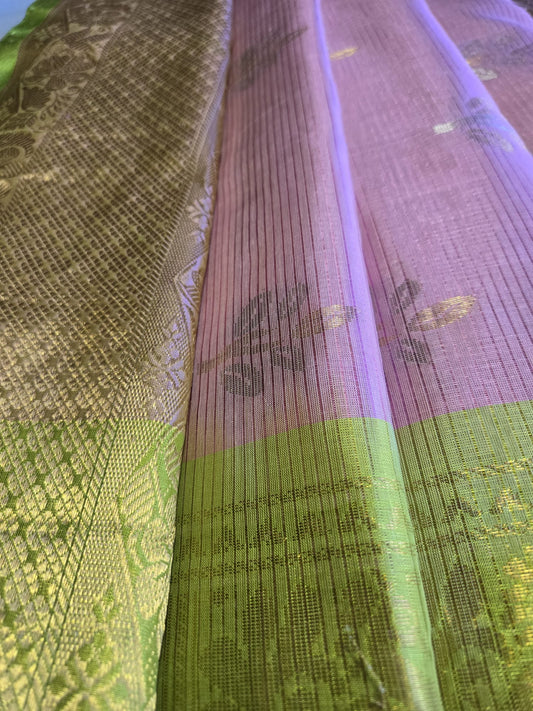 Pure Kuppadam Pattu Silk Saree with Stitched Blouse in Baby Pink with Green Contrast Border – Festive Wear Party Wear Saree USA