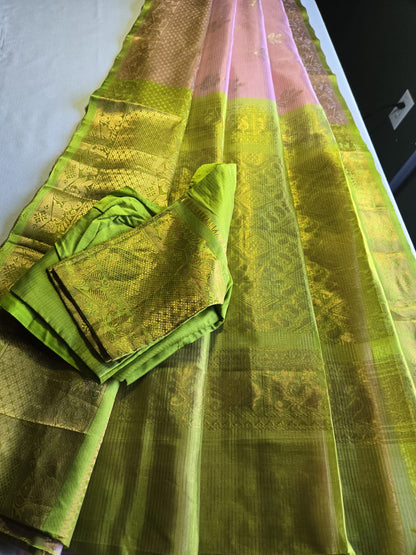 Pure Silk Handloom Saree with Stitched Blouse in Baby Pink with Green Contrast Border – Festive Wear Party Wear Saree USA