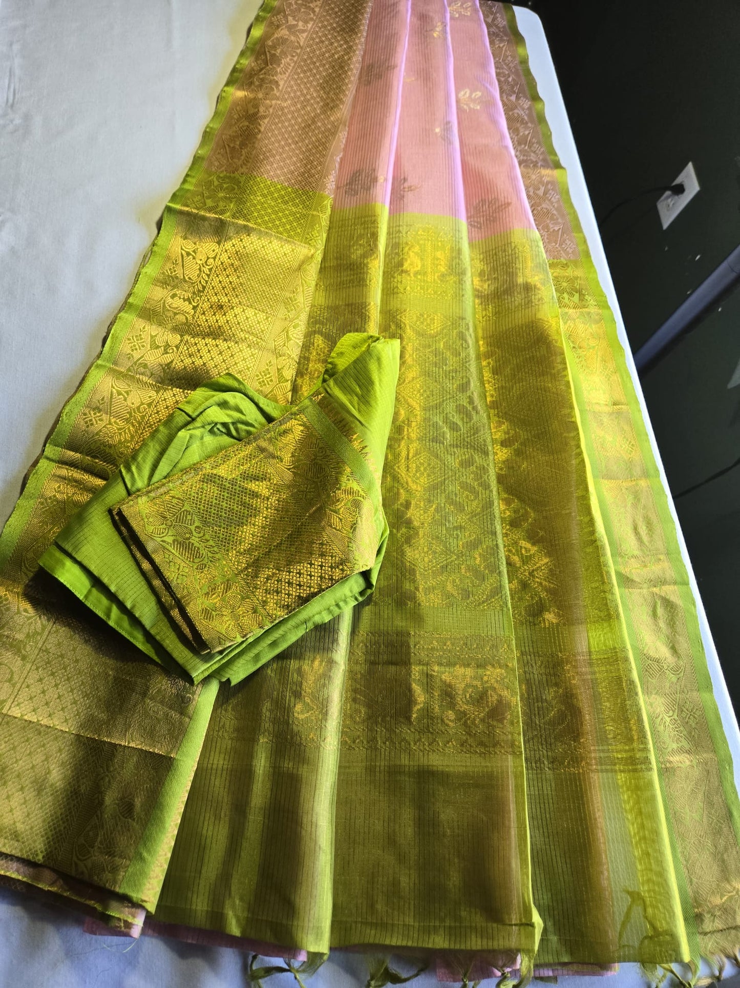 Pure Silk Handloom Saree with Stitched Blouse in Baby Pink with Green Contrast Border – Festive Wear Party Wear Saree USA