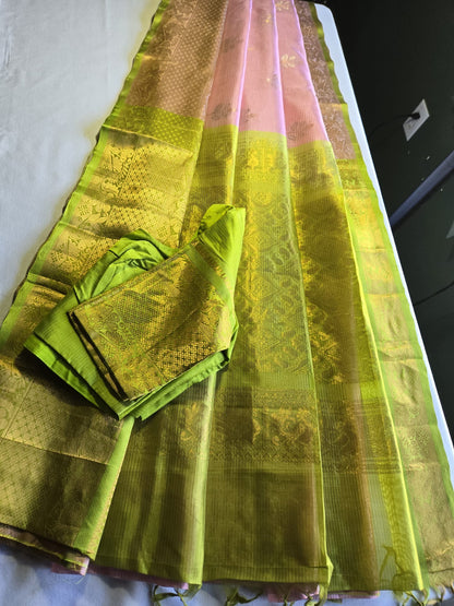 Pure Silk Handloom Saree with Stitched Blouse in Baby Pink with Green Contrast Border – Festive Wear Party Wear Saree USA