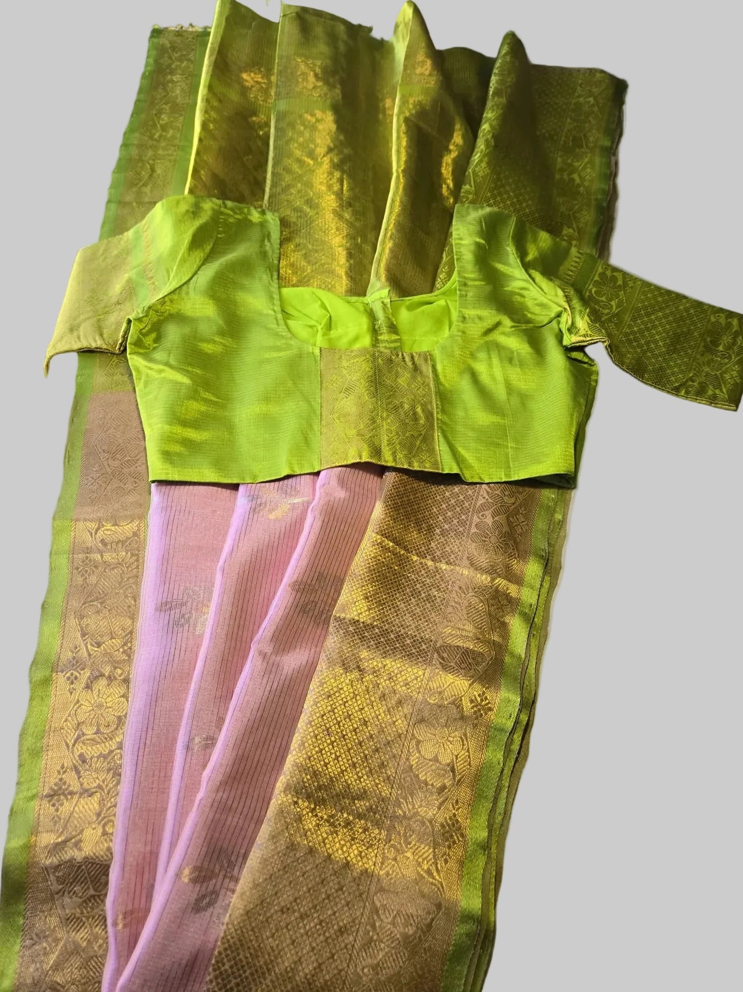 Pure Silk Handloom Saree with Stitched Blouse in Baby Pink with Green Contrast Border – Festive Wear Party Wear Saree USA