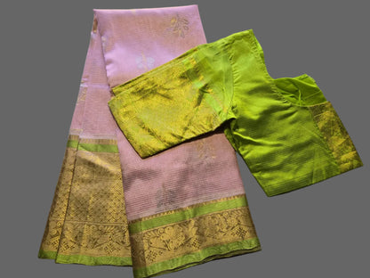Pure Silk Handloom Saree with Stitched Blouse in Baby Pink with Green Contrast Border – Festive Wear Party Wear Saree USA