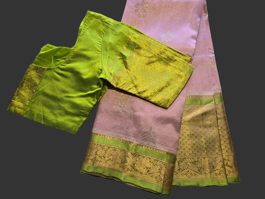 Pure Kuppadam Pattu Silk Saree with Stitched Blouse in Baby Pink with Green Contrast Border – Festive Wear Party Wear Saree USA