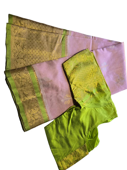 Pure Silk Handloom Saree with Stitched Blouse in Baby Pink with Green Contrast Border – Festive Wear Party Wear Saree USA