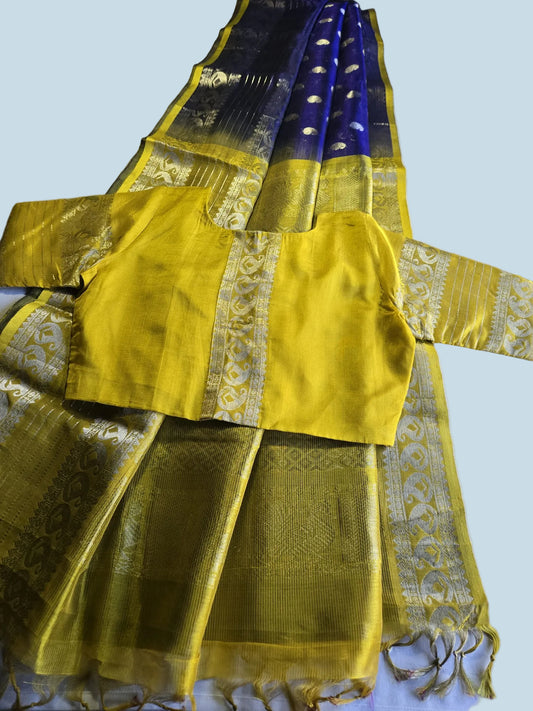 Pure Silk Handloom Saree with stitched blouse in Blue with Silver Zari and Yellow Contrast Border – Traditional Elegance