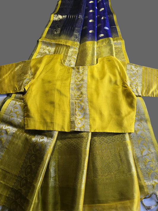 Pure Silk Handloom Saree with stitched blouse in Blue with Silver Zari and Yellow Contrast Border – Traditional Elegance