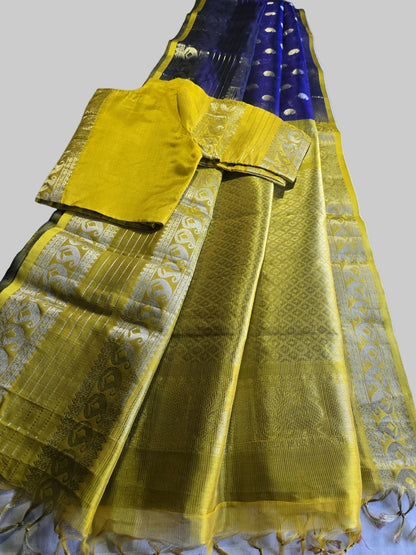 Pure Silk Handloom Saree with stitched blouse in Blue with Silver Zari and Yellow Contrast Border – Traditional Elegance