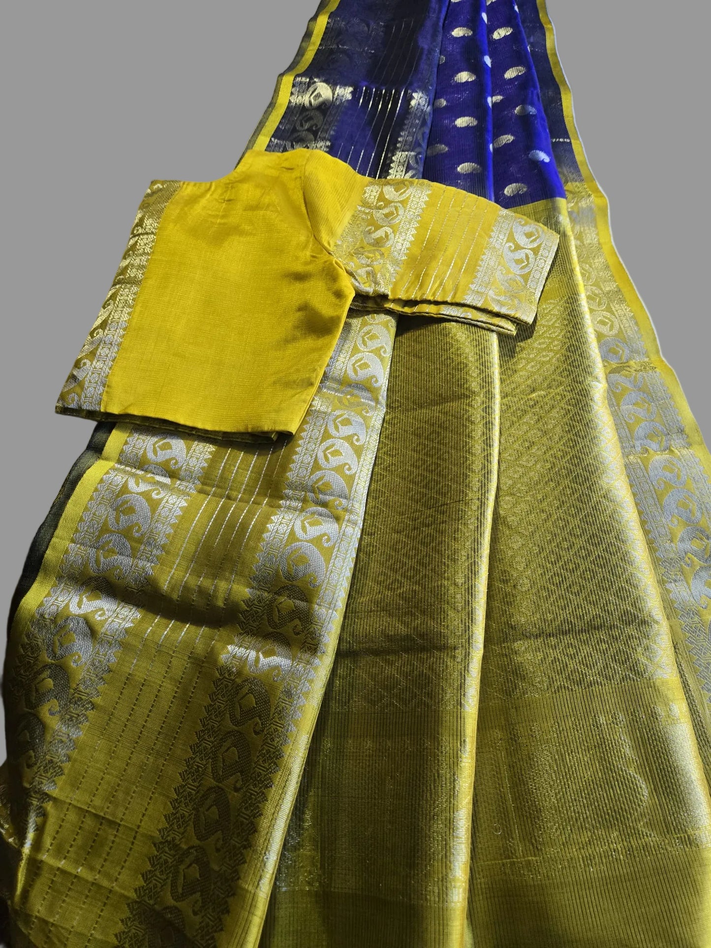 Pure Silk Handloom Saree with stitched blouse in Blue with Silver Zari and Yellow Contrast Border – Traditional Elegance