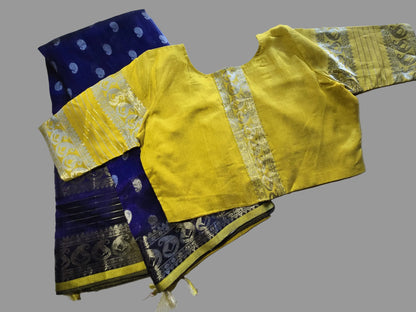 Pure Silk Handloom Saree with stitched blouse in Blue with Silver Zari and Yellow Contrast Border – Traditional Elegance