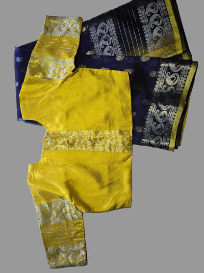 Pure Silk Handloom Saree with stitched blouse in Blue with Silver Zari and Yellow Contrast Border – Traditional Elegance