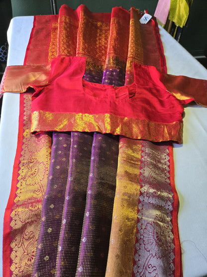 Handloom Pure Silk Saree with Stitched Blouse Dual tone buy from USA in Dark Wine with Red Kasavu Border – Rich Traditional Attire for Festive Occasions