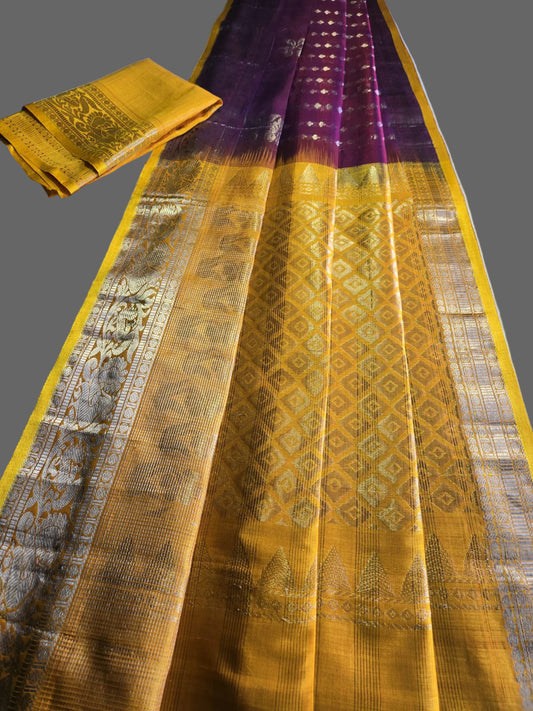 Pure Silk Handloom Saree in Maroon with Yellow Contrast Border – Traditional Silk Saree for Weddings & Festivals