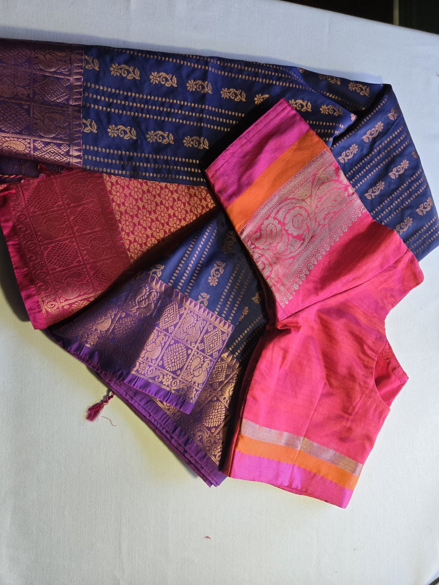 Semi Kanjeevaram Soft Silk Saree with Stitched Blouse from USA | Buttis Work & Contrast Pallu Online