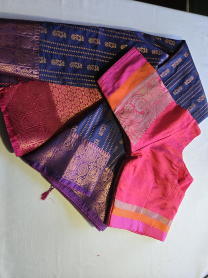 Semi Kanjeevaram Soft Silk Saree with Stitched Blouse from USA | Buttis Work & Contrast Pallu Online