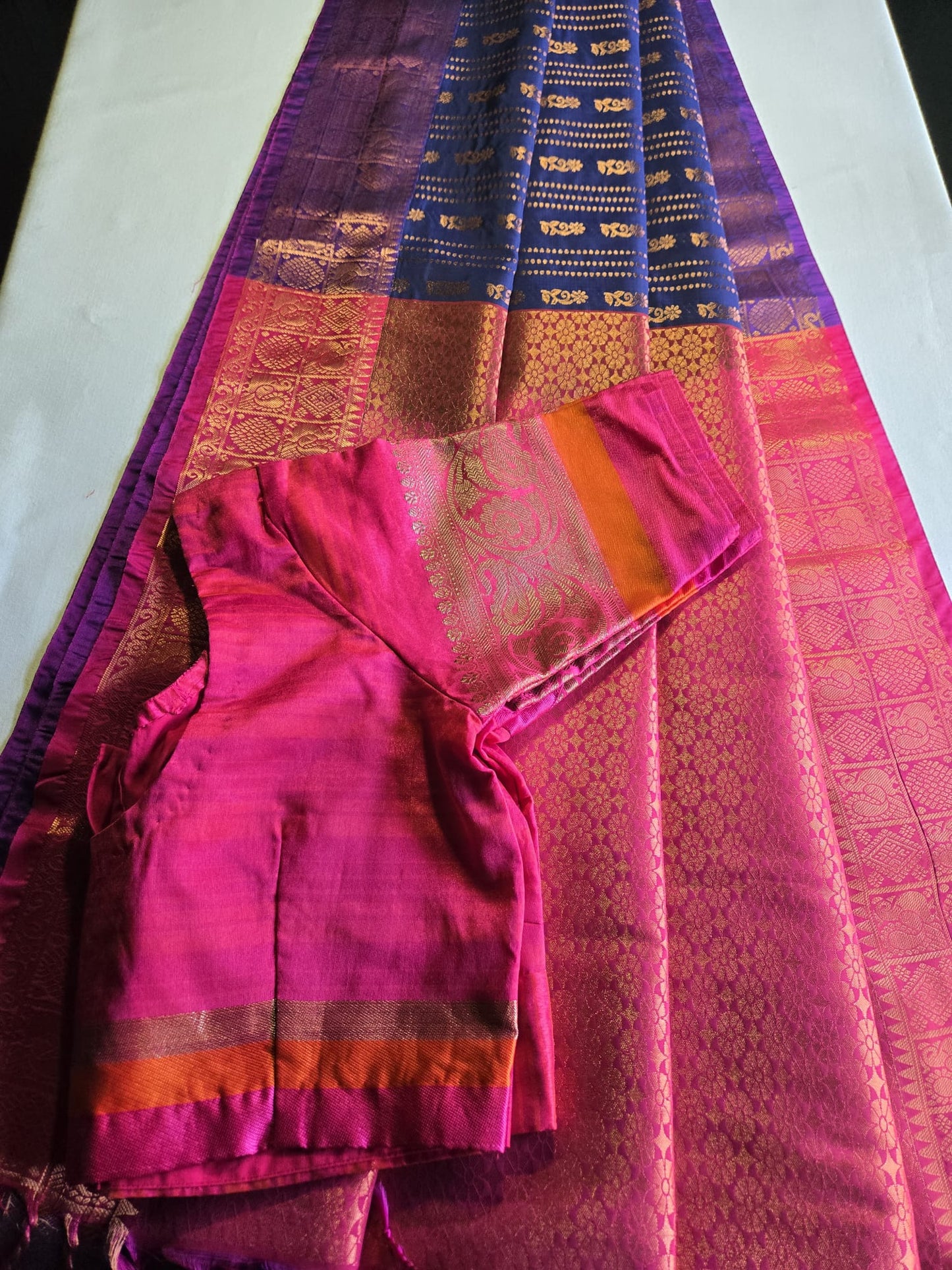 Semi Kanjeevaram Soft Silk Saree with Stitched Blouse from USA | Buttis Work & Contrast Pallu Online
