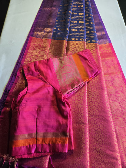 Semi Kanjeevaram Soft Silk Saree with Stitched Blouse from USA | Buttis Work & Contrast Pallu Online